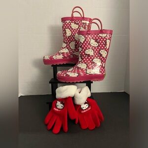 Hello Kitty Rain Boots(Kids)Size11/12(Pre-Owned) & Hello Kitty Kids Gloves(New)